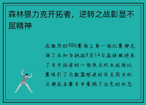森林狼力克开拓者，逆转之战彰显不屈精神